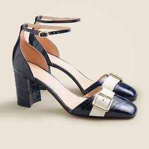 J. Crew Maisie Buckle Two Tone Navy Cream Croc Embossed Italian Leather Size 7